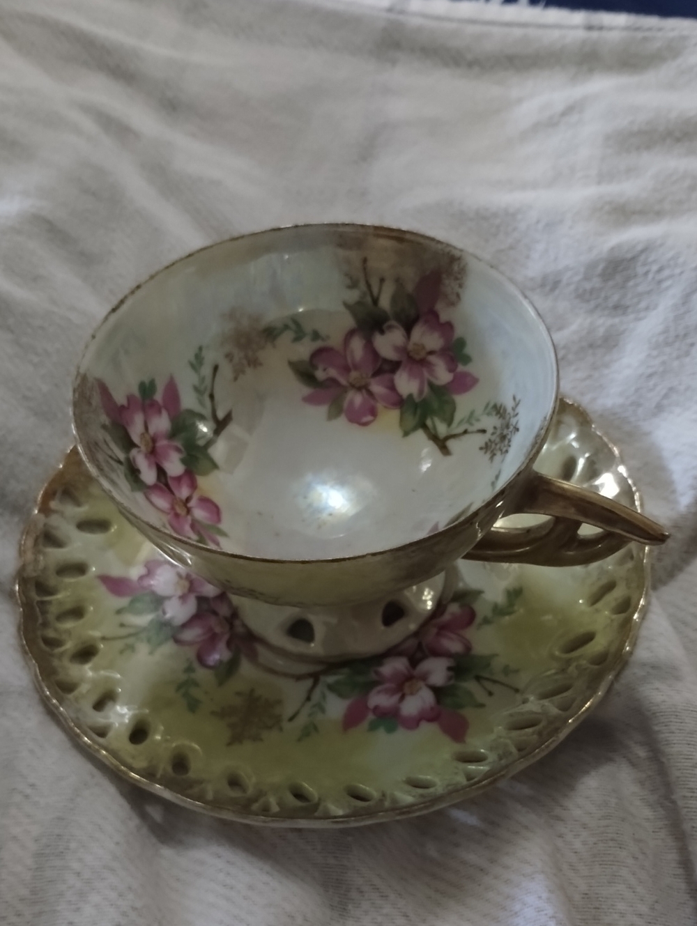 Ainsley Pink Floral Porcelain Teacup and Pierced Saucer
